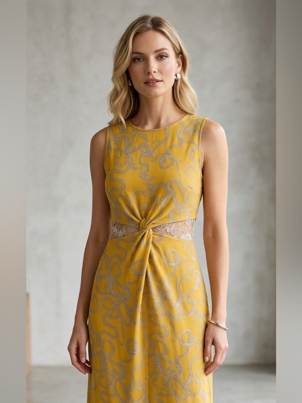 Winter Kate Yellow Skulls Snakes 100% Silk Sleeveless Midi Dress Size Medium